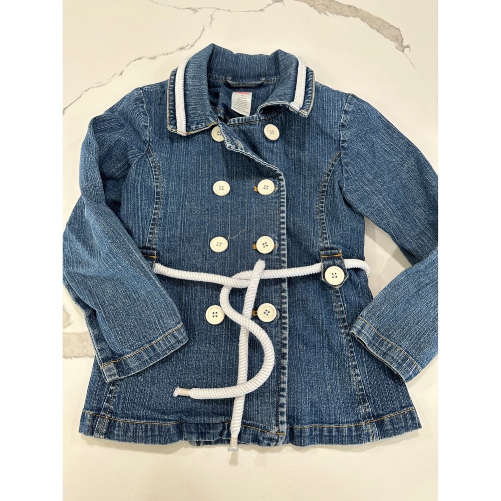Gymboree Girls Blue Denim Pea Coat Jacket Nautical Rope Belt Size 7